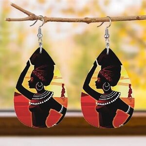 Elegant Silhouette African WomanTeardrop Earrings - Black and Red